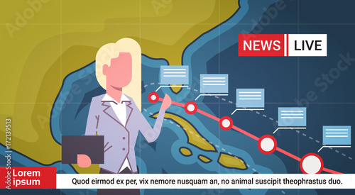 Woman Reporter Leading Life News About Hurricane Weather Broadcast Storm Or Tornado Image Coming To Usa Coast Concept Vector Illustration