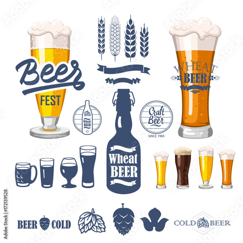 Vector Illustration with beer pub logo and labels. Simple symbols glass, bottle. Traditions of drink. Decorative elements for your design. Black white style.