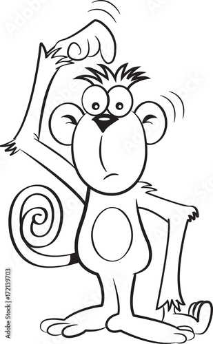 Black and white illustration of a confused monkey.