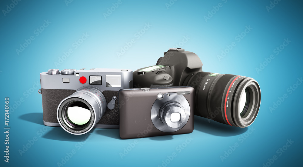 photo cameras of different classes 3d render on blue photo cameras of different classes 3d render on blue