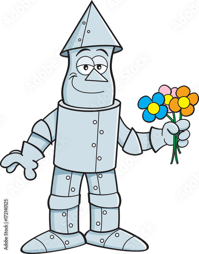 Cartoon illustration of a tin man holding flowers.