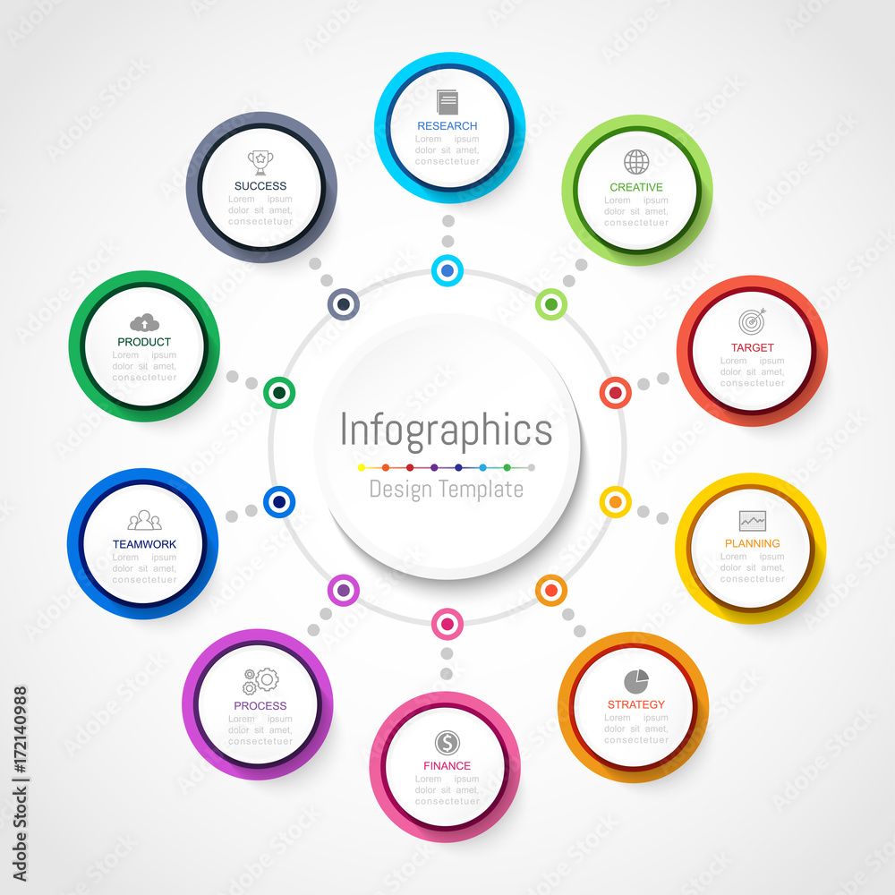 Infographic design elements for your business data with 10 options, parts, steps, timelines or processes, Circle round concept. Vector Illustration.