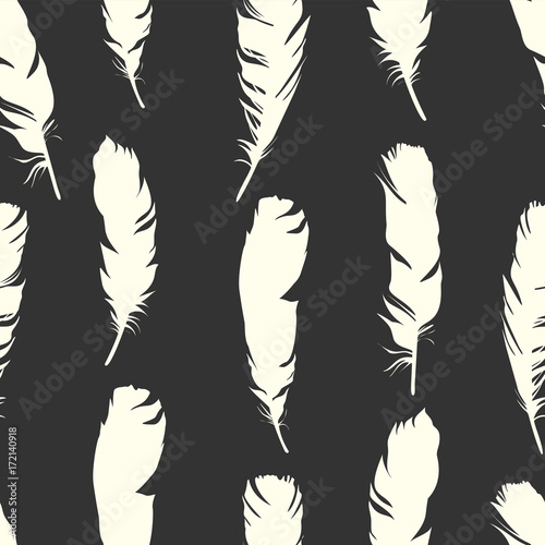 Seamless white illustration with feathers on a black background. Natural vector pattern. Boho style. Simple silhouettes.
