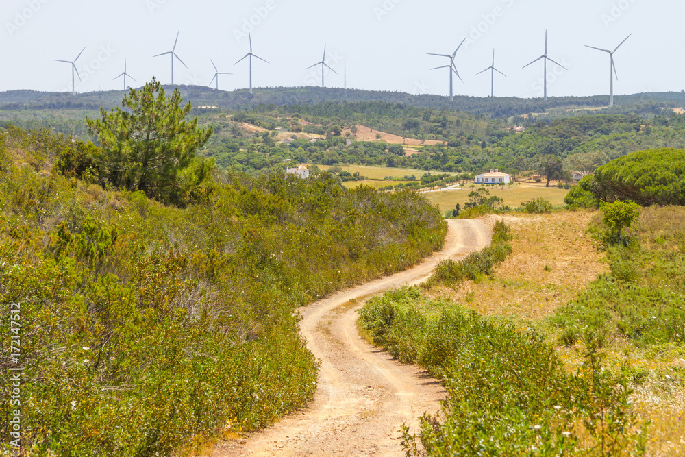 Trail and wind farm in the mountain