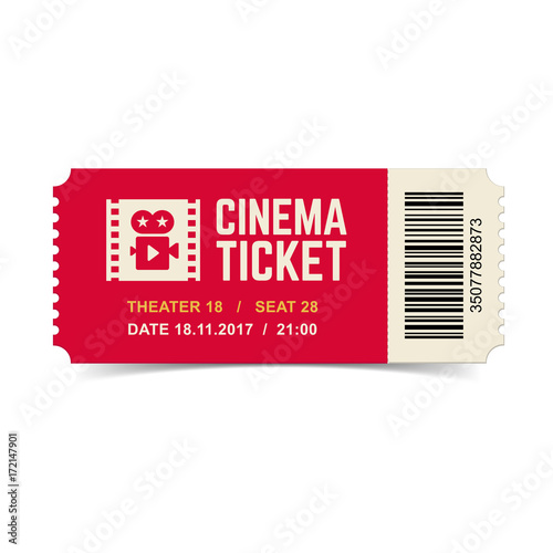 Vector red cinema ticket isolated on white background.