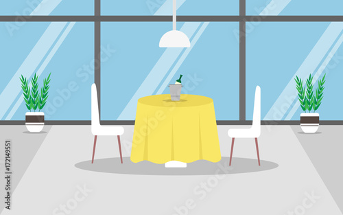 Illustration of the interior of the restaurant in the form of a table for two persons against the background of a large window and a blue sky With a yellow tablecloth, chairs and champagne