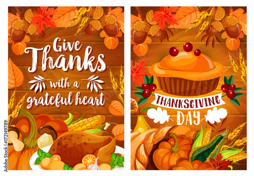 Thanksgiving dinner poster set with turkey and pie