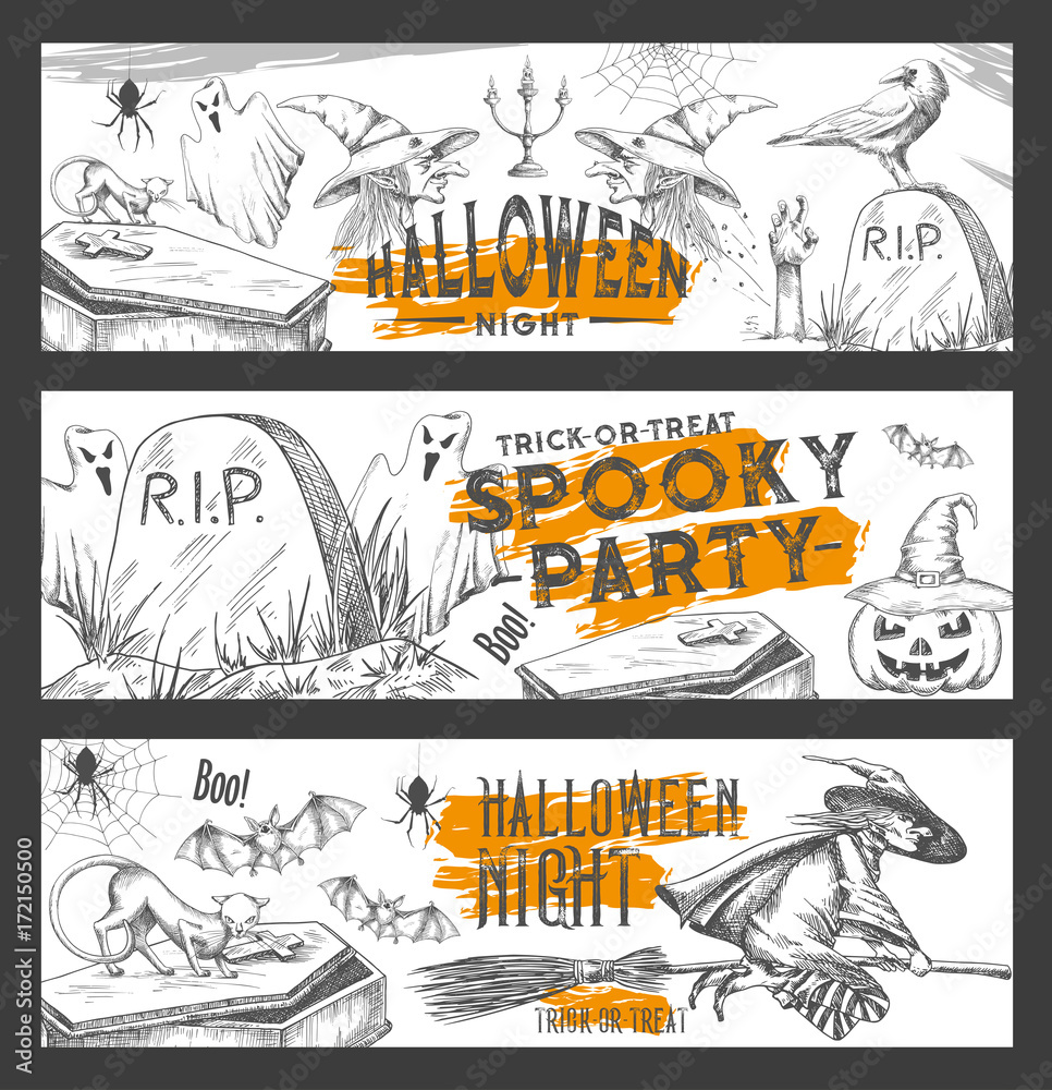 Halloween night vector sketch party banners