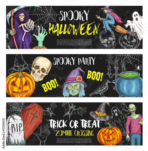 Halloween night party vector sketch banners