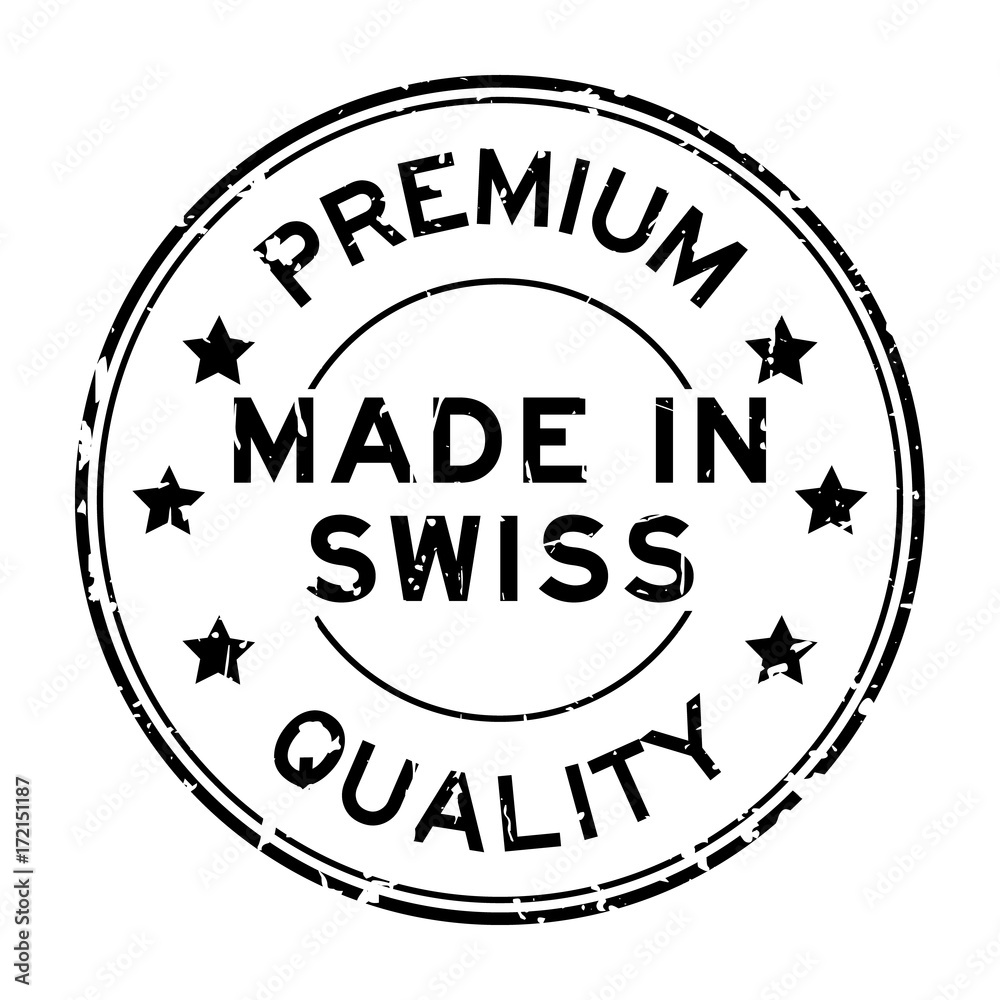 Grunge black premium quality made in swiss round rubber seal stamp on white background
