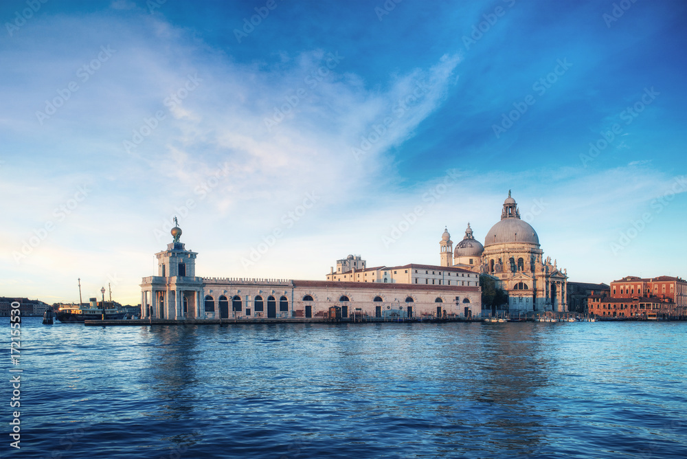 Fantastic views of the Grand Canal and the Basilica Santa Maria della Salute. Many tourists who visit beauty all year round. Italy. Venice, Italy. Europe