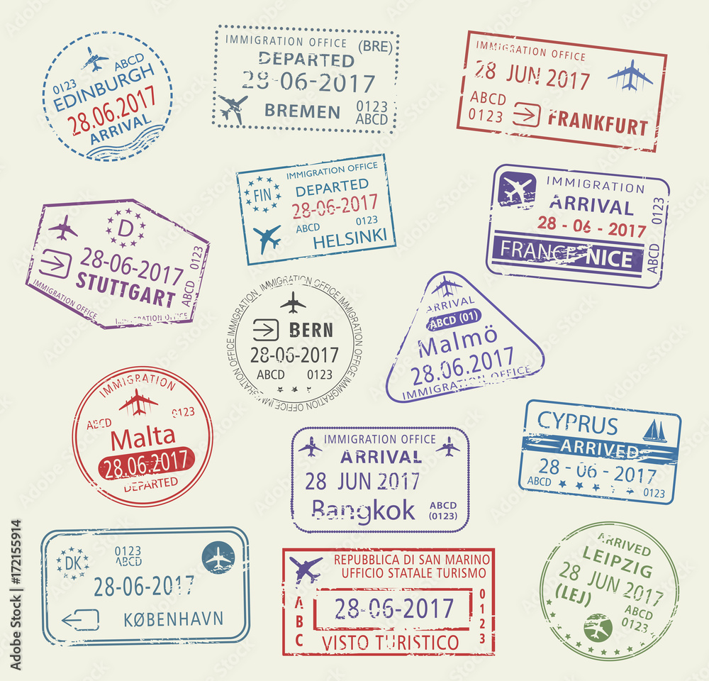 Vector icons of city passport stamps world travel