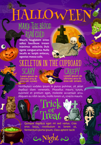 Halloween pumpkin  witch hat and bat poster design