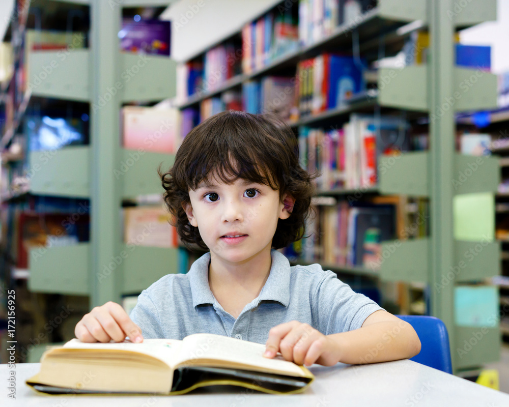 Adorable little child, boy, sitting in a Library, reading books Adorable little child, boy, sitting in a Library, reading books