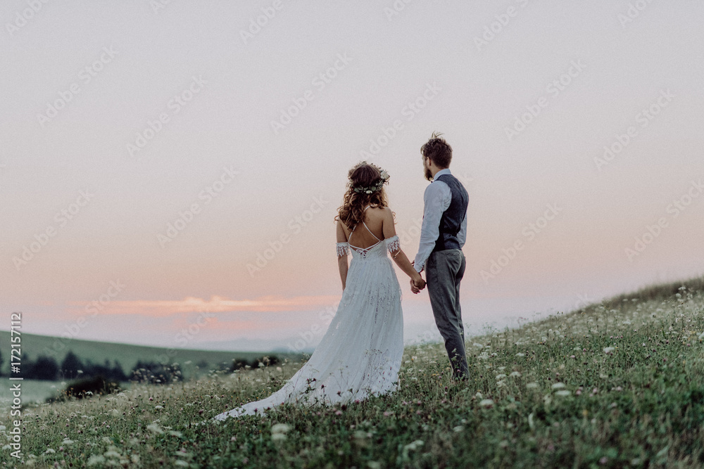 Beautiful bride and groom at sunset in green nature. Beautiful bride and groom at sunset in green nature.
