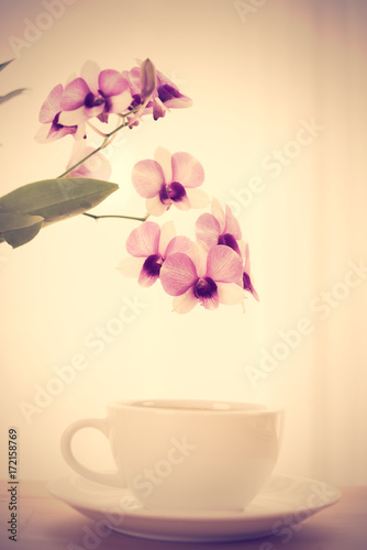 Coffee cup and beautiful purple orchid flowers on wood table over soft white background,pastel filter