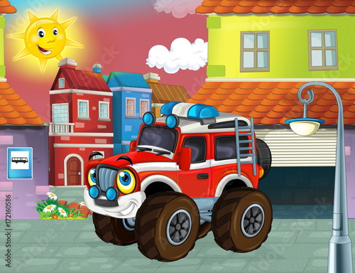 happy and funny cartoon fireman truck smiling and driving through the city - illustration for children © honeyflavour