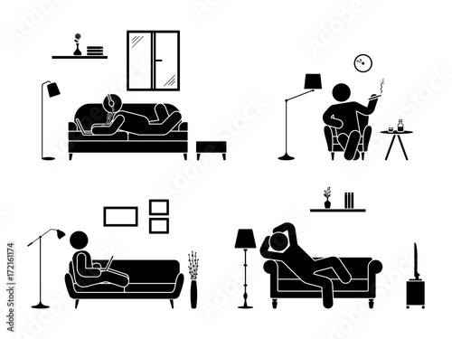 Stick figure resting at home position set. Sitting, lying, smoking cigarette, listening to music, using laptop, drinking whiskey vector icon relaxing posture on sofa and armchair. Furniture pictogram