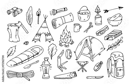hiking and tourism doodle vector set