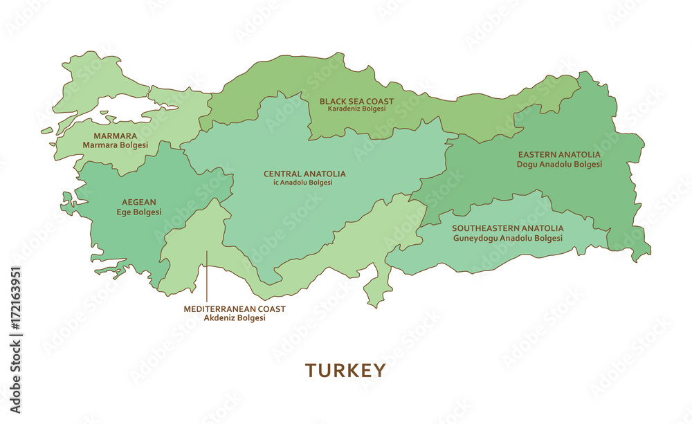 Turkey regions, vector geography background