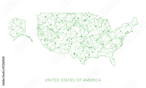 USA map, green dotted net vector background