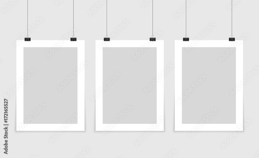Poster mockup. Vector mock up blank paper hanging on office clip. Paper gallery set on white background Poster mockup. Vector mock up blank paper hanging on office clip. Paper gallery set on white background