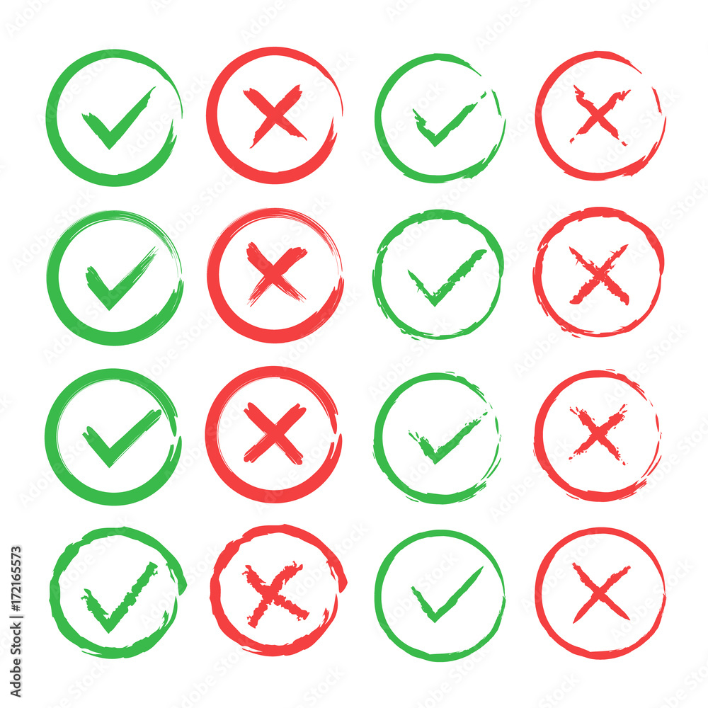 Tick and cross brush signs. Green checkmark OK and red X icons, isolated on white background. Simple marks graphic design. Symbols YES and NO button for vote, decision, web. Vector illustration Tick and cross brush signs. Green checkmark OK and red X icons, isolated on white background. Simple marks graphic design. Symbols YES and NO button for vote, decision, web. Vector illustration