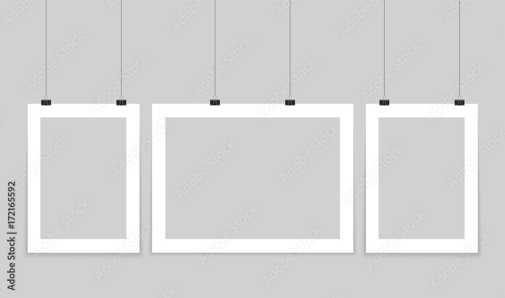 Poster mockup. Vector mock up blank paper hanging on office clip. Paper gallery set on white background