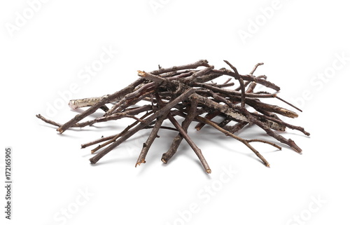 Dry branches, pile for fire isolated on white background