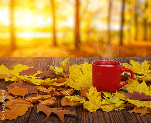 Autumn leaves and coffee.