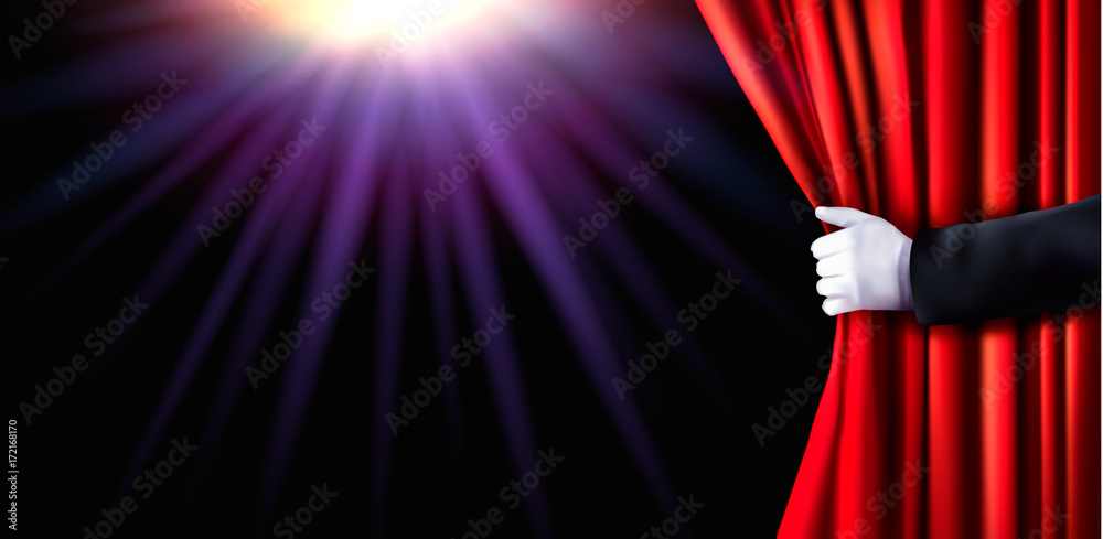 Obraz premium Background with red velvet curtain and hand. Vector illustration.