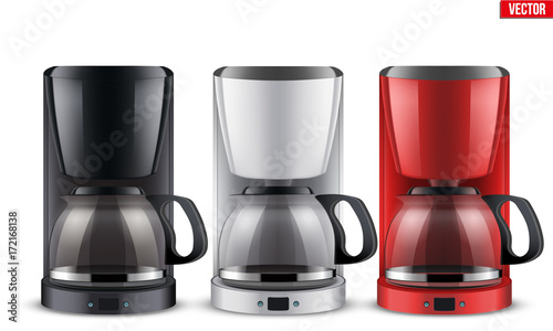 Set of Classic Drip Coffee makers with glass pot. Original design. Editable Vector illustration Isolated on white background.