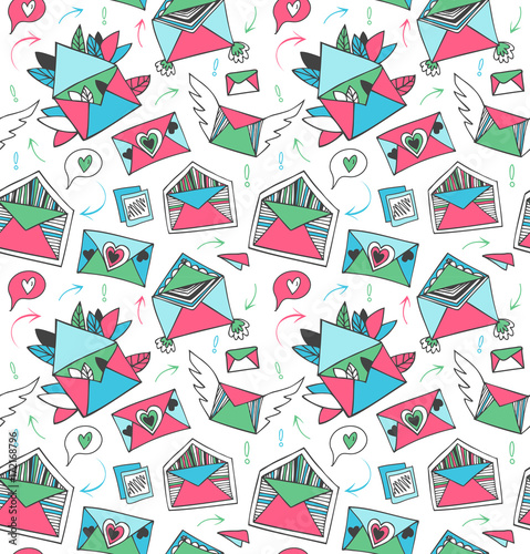 Decorative cute post mail pattern. Seamless background with lovely doodle letters, envelopes, wings and hearts