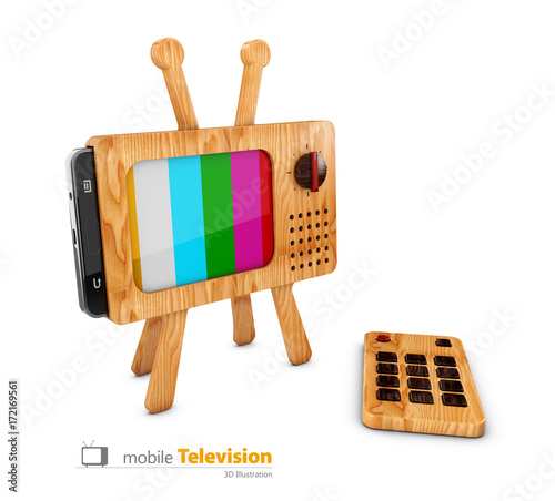 3d Illustration of wooden classic tv and smart phone, colorful no signal background