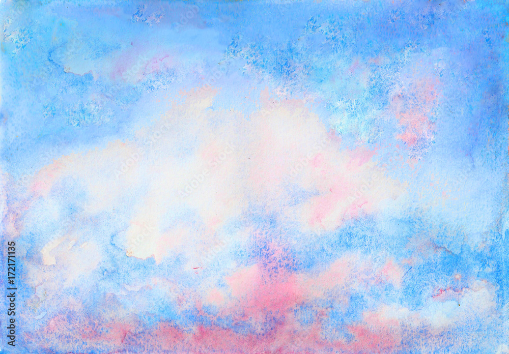Watercolor painted blue pink sky