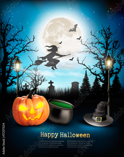 Scary Halloween background with pumpkin and moon. Vector.