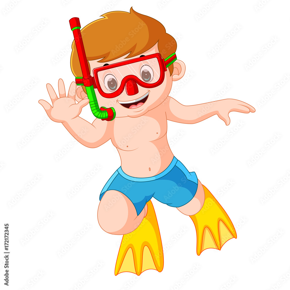 cute boy with snorkel and diving