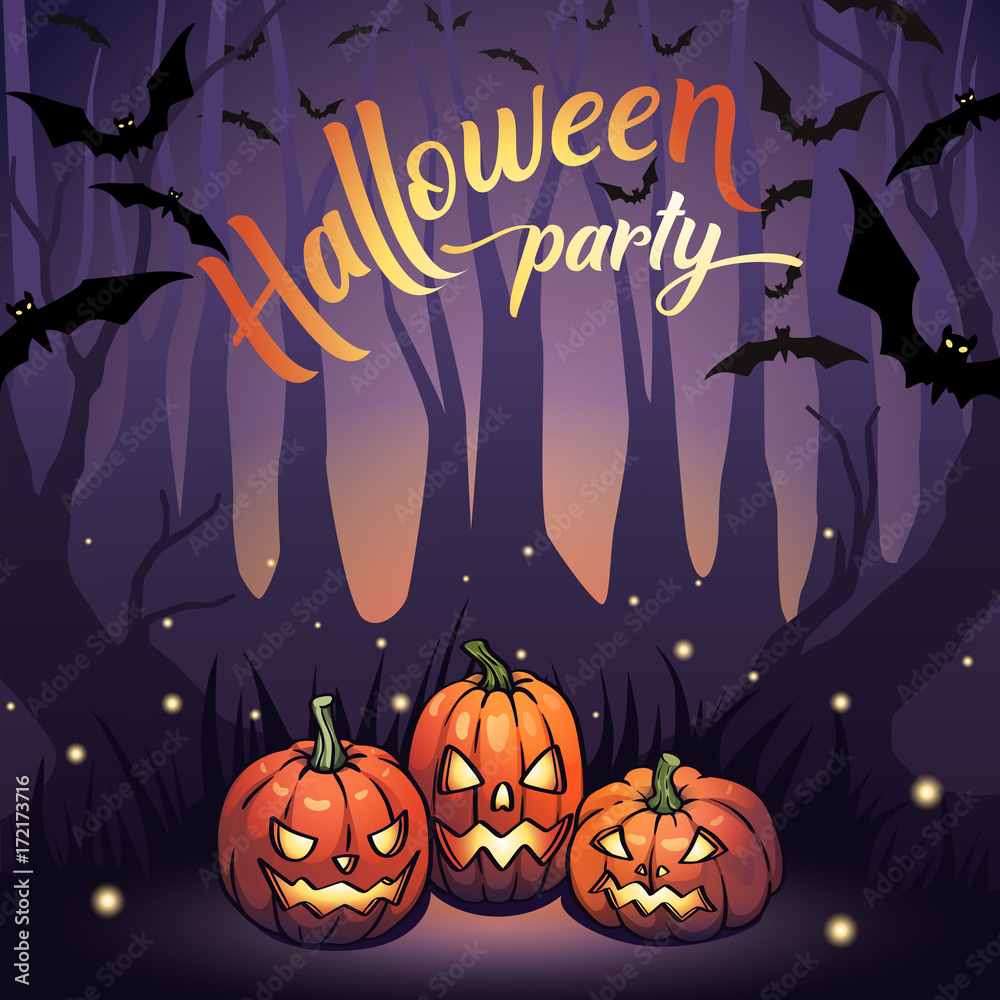 Vector halloween design for banner, poster, cover, template, card. Holiday party invitation background with pumpkins and bats