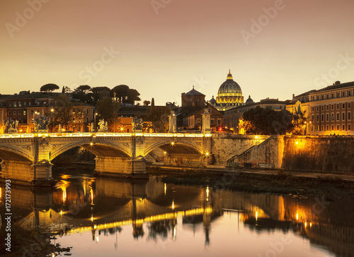The night view of Rome from the Ponte Sant'angelo at sunset, Italy