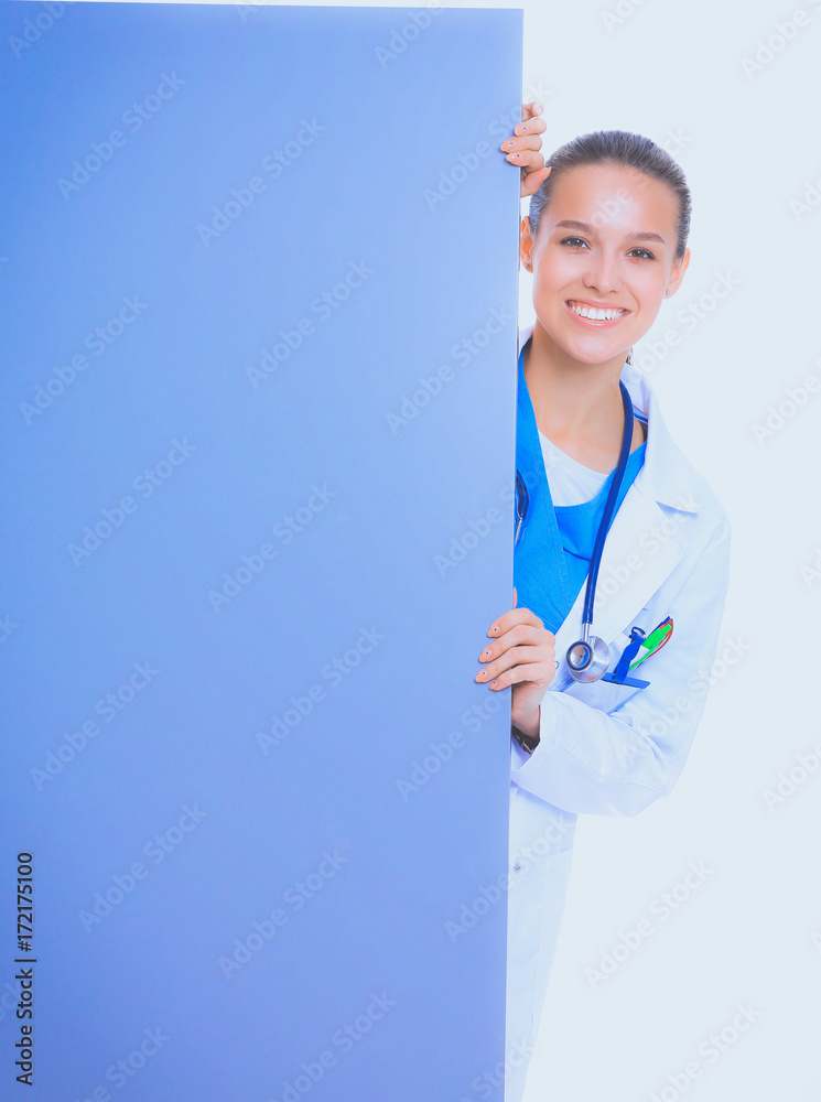 A female doctor with a blank billboard. Woman doctor A female doctor with a blank billboard. Woman doctor