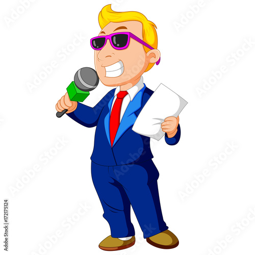 cartoon host holding a microphone