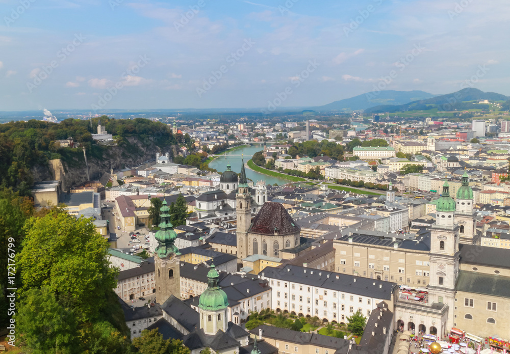 Bird eye view from the walls of the fortress of the Salzach river and the old city in center of Salzburg, Austria