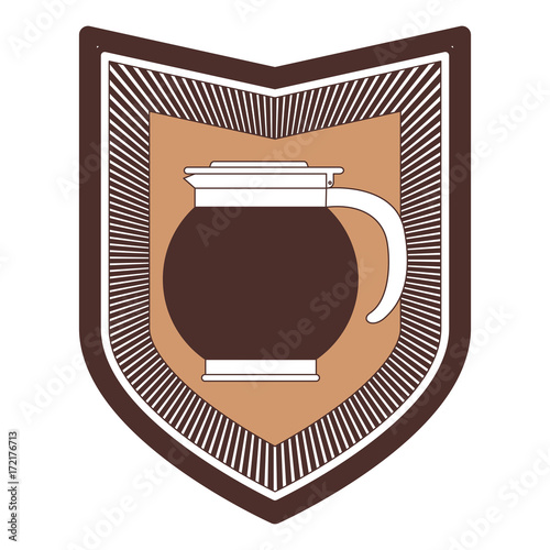 logo shield decorative of rounded glass jar recipient of coffee with handle striped silhouette color section on white background vector illustration