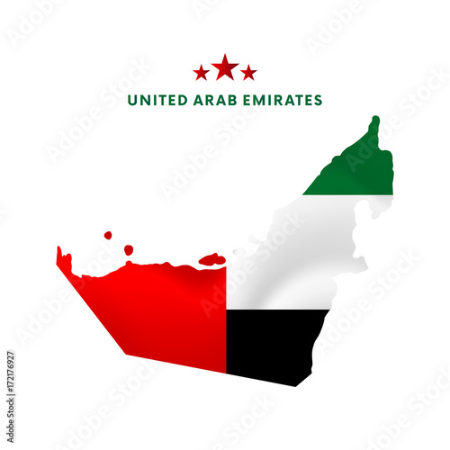 United Arab Emirates map with waving flag. Vector illustration.
