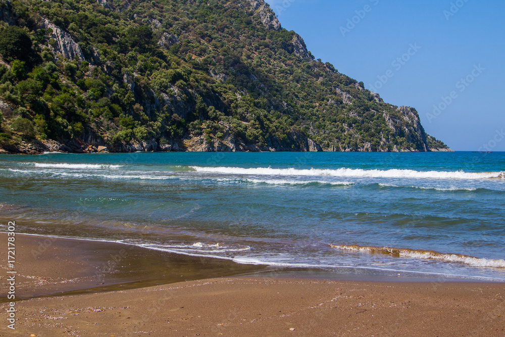 Huge sand beach with long waves. Incredible Turkish coast. Turkey Huge sand beach with long waves. Incredible Turkish coast. Turkey