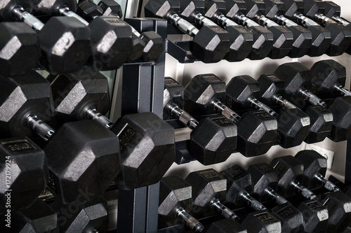 A set of dumbbells in a sports club
