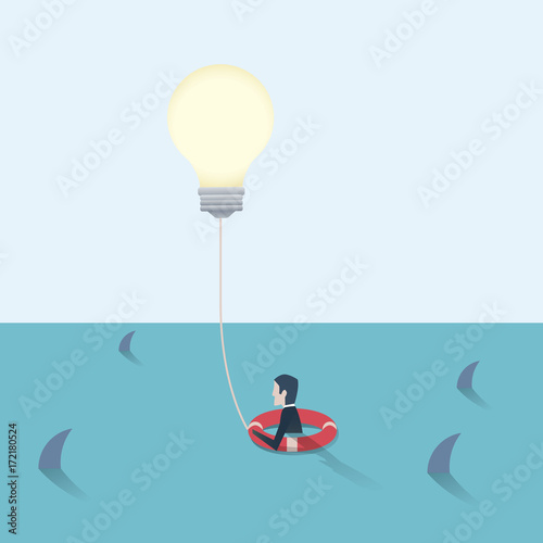 Businessman saved by the creative idea. Business vector concept of finding solution, overcome obstacles, challenges.