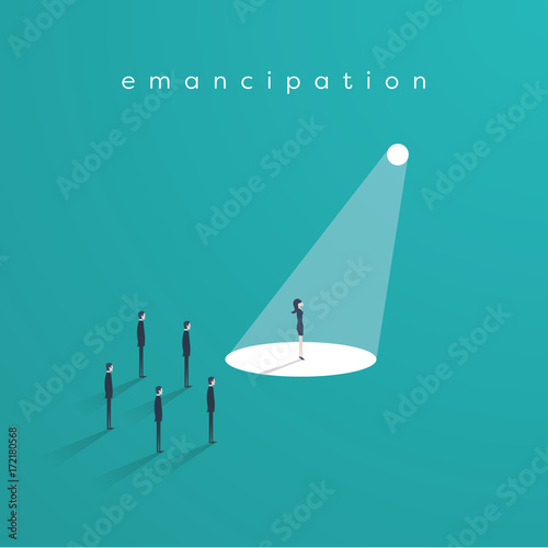 Business woman standing in spotlight as a symbol of women emancipation, equal opportunities, feminism and woman leadership.