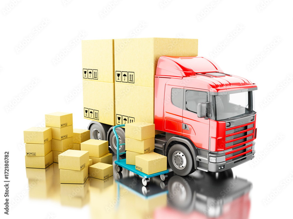3d Truck with carboard boxes and hand truck 3d Truck with carboard boxes and hand truck