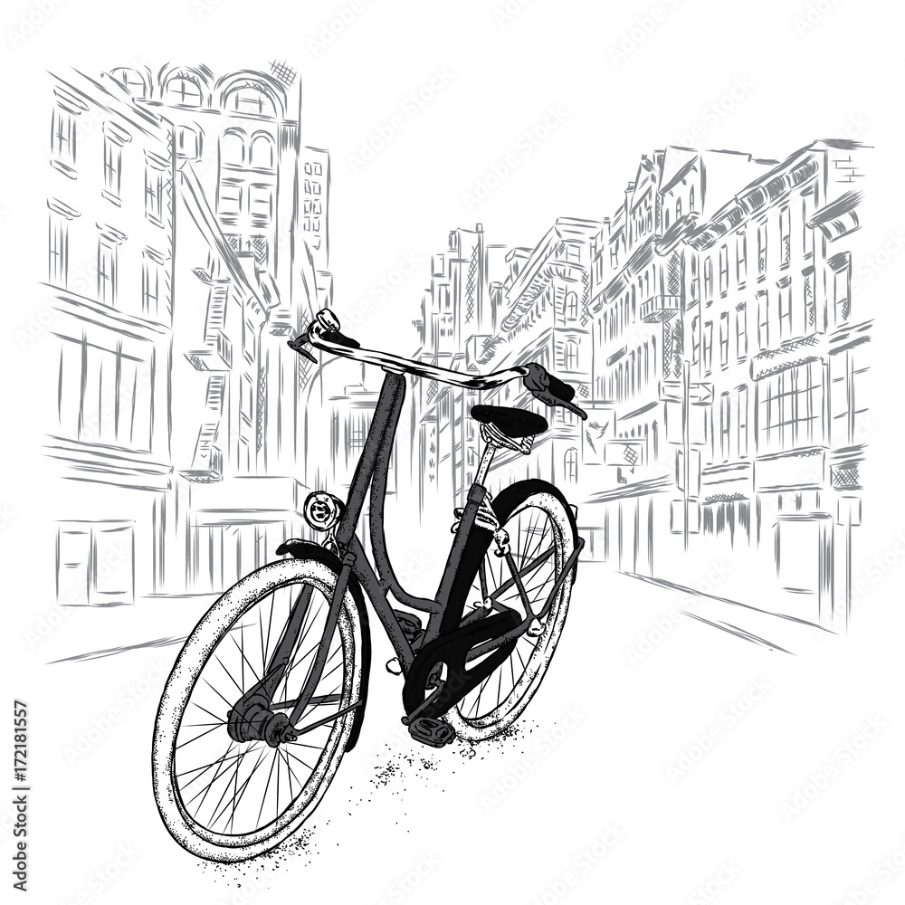 A beautiful bicycle on a city street. Vector illustration. Vintage bicycle.